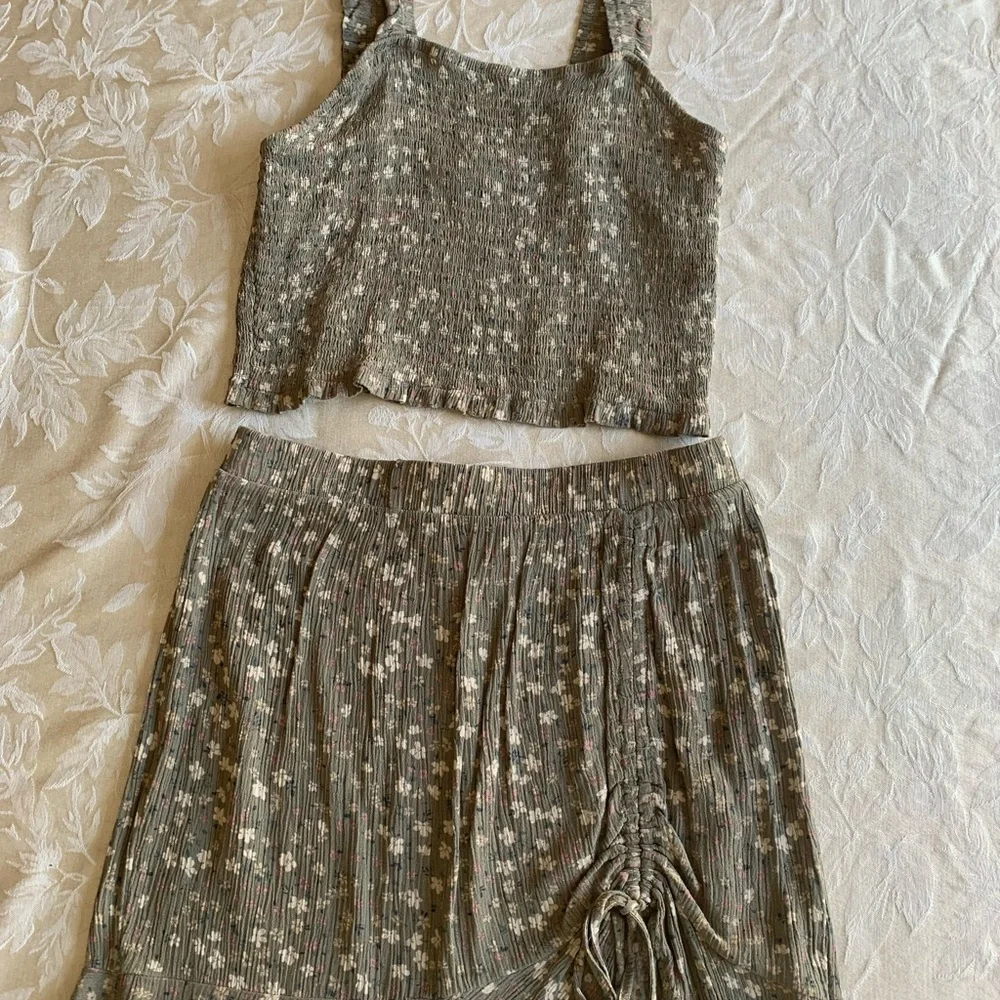 Floral Ribbed Crop Top & Skirt Set in Olive Green $18